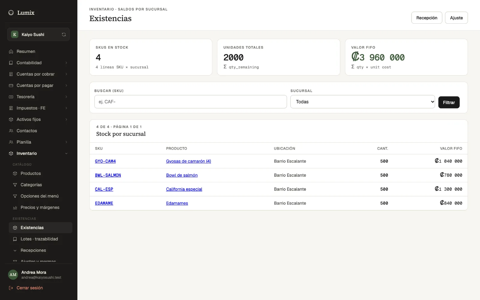 Stock: inventory per branch with the quantity and FIFO value of each product, and receive and adjust buttons.