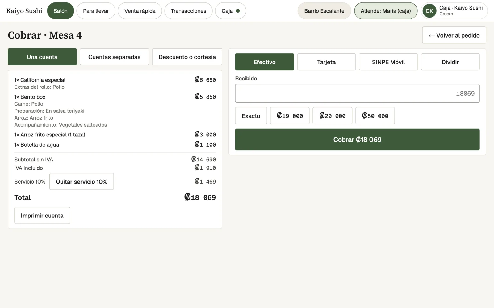 Charging table 4 (in Spanish): the bill with subtotal before VAT, VAT included and the 10% service charge, the Cash, Card, SINPE Móvil and Split methods, and quick cash amounts.