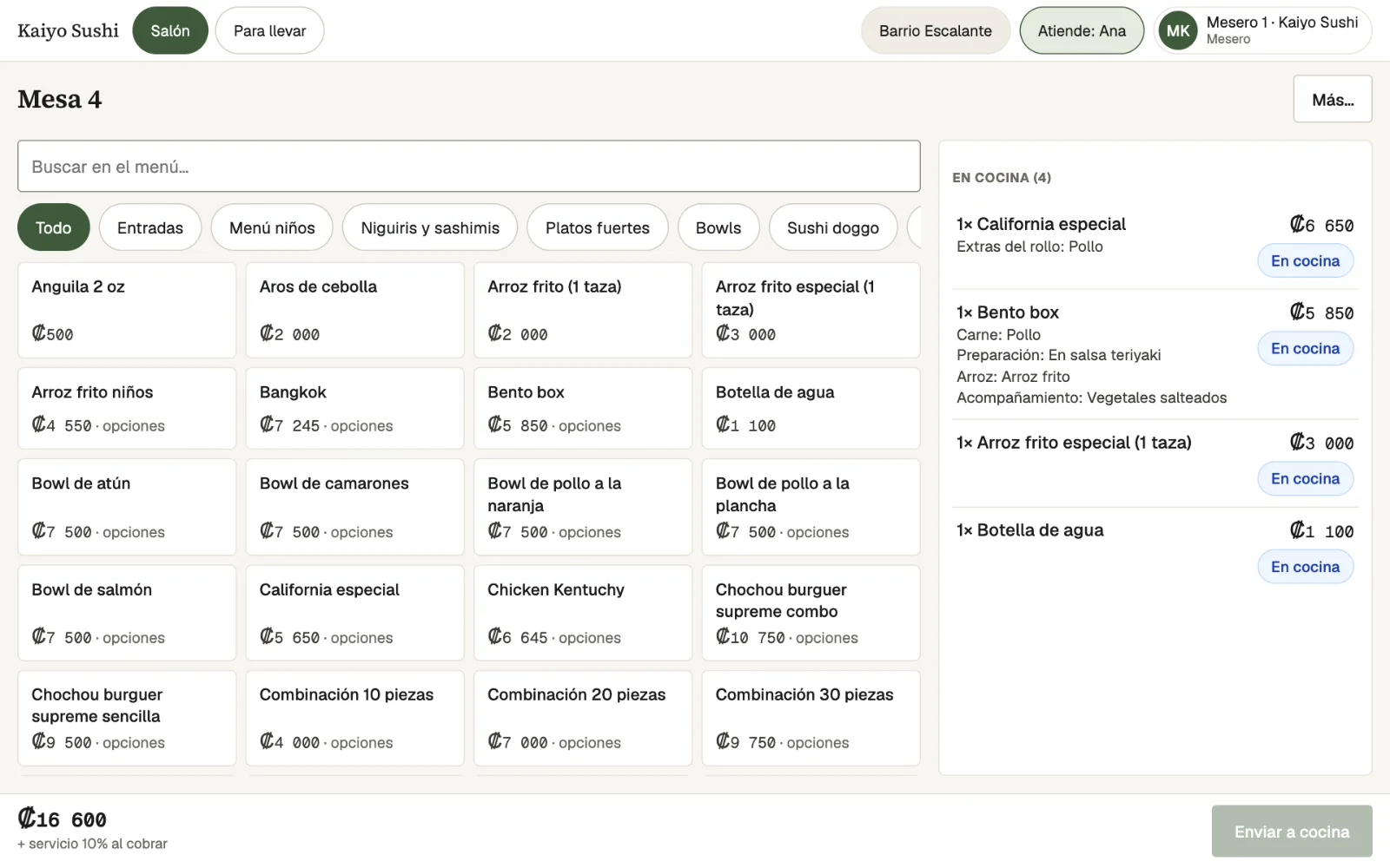 The order for table 4 (in Spanish): the menu by category with search and prices, and on the right what is already in the kitchen, such as a bento box with its meat, preparation, rice and side options, plus a Send to kitchen button.