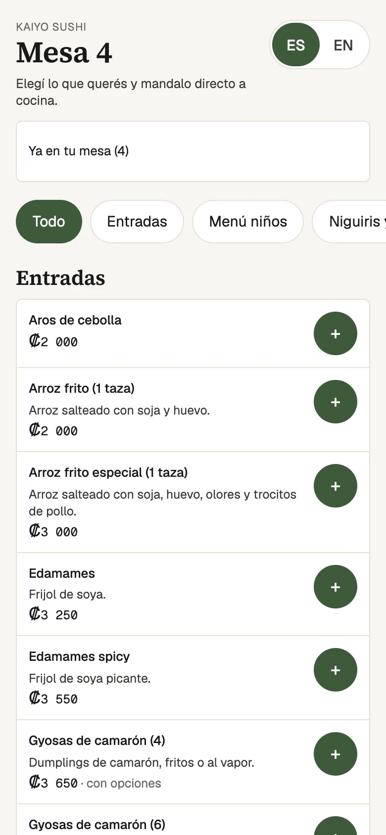 The QR menu for table 4 on a guest's phone: an ES and EN language switch, categories, and dishes with description, price and an add button.